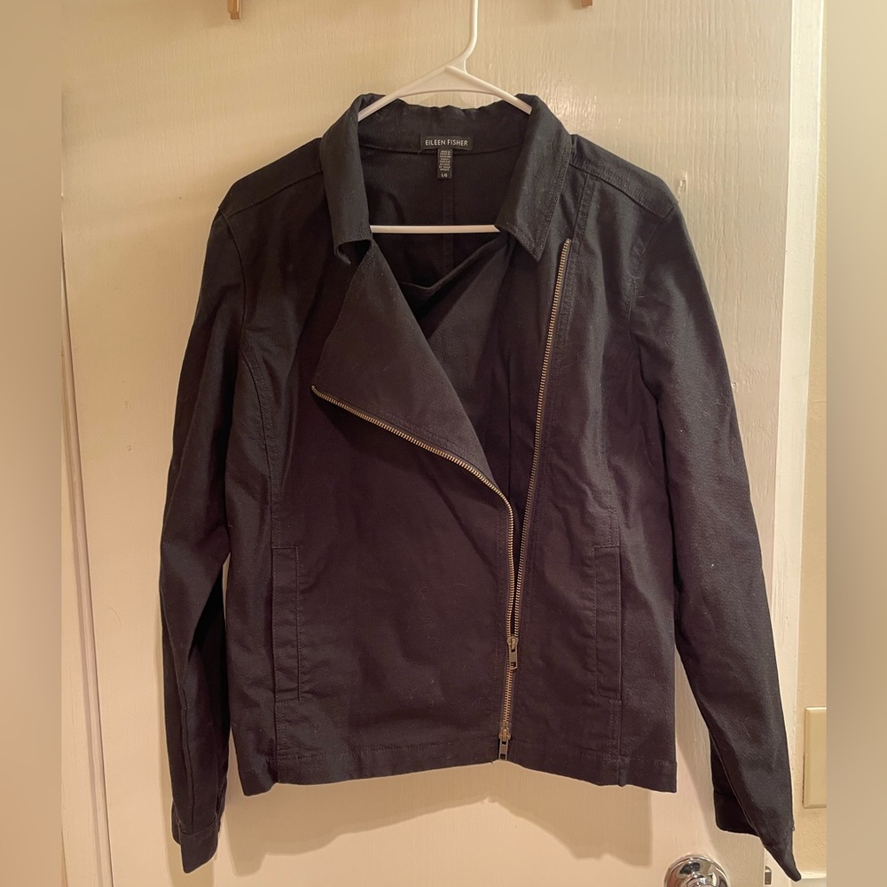 Eileen fisher black cotton moto jacket size L